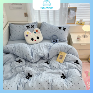 Bộ vỏ chăn vỏ gối cotton chấm bi thêu nơ dễ thương EBEDHOME