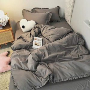 chăn ga gối đệm cưới màu ghi